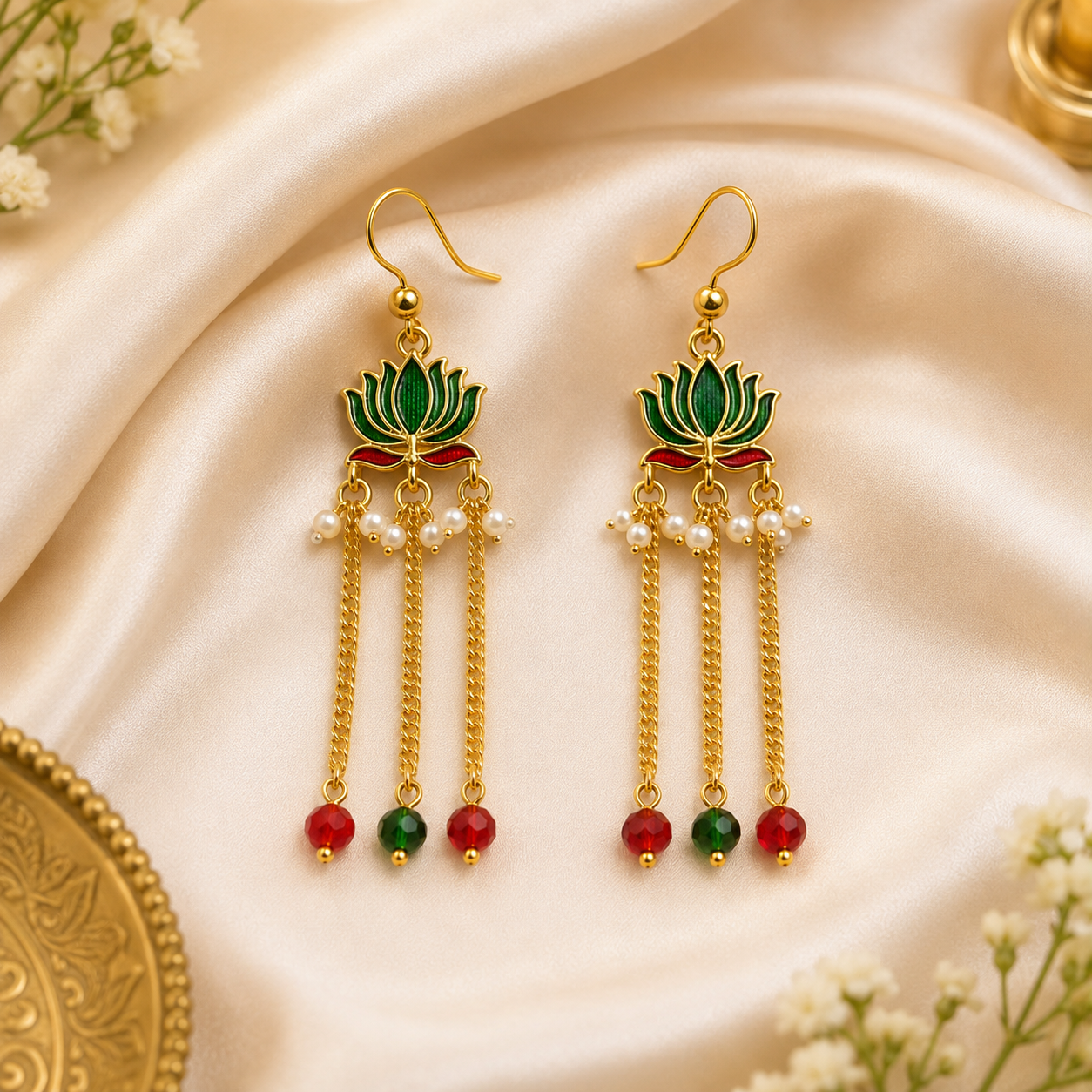 Handmade Lotus Pearl Earings For Bappa