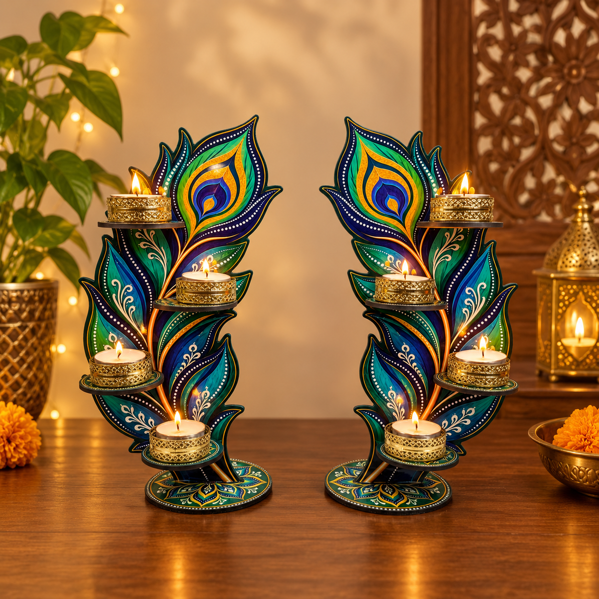 Decorative Peacock Diya Stand Set of 2