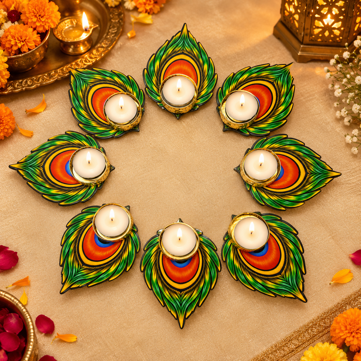 Decorative Peacock Tealight Candle Holder Set – 8 Piece Floor Rangoli Diya Set