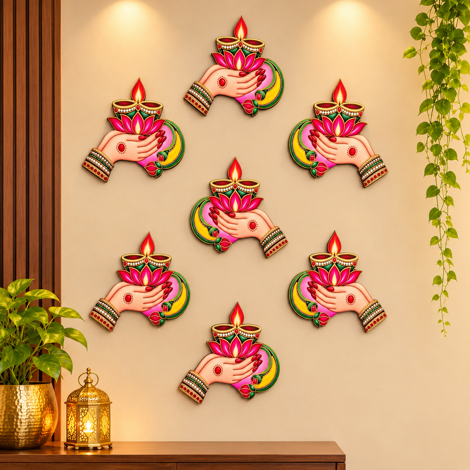 Decorative Diya Hand Wall Hanging Set of 8 | Traditional Diwali Wall Decor