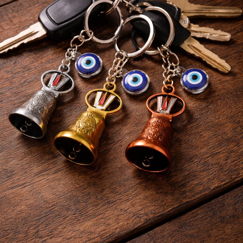 Shree Venkatesh Guardian Bell Keychain – Divine Protection Bike & Car Charm | Lucky Travel Bell for Safety & Blessings (Set of 3)