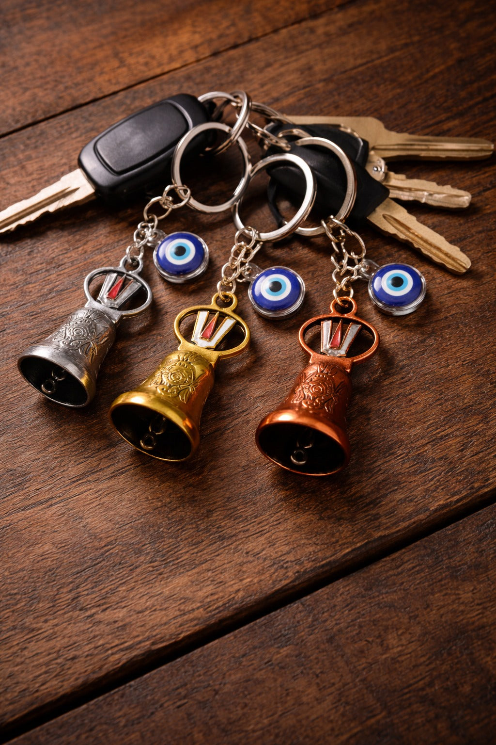 Shree Venkatesh Guardian Bell Keychain – Divine Protection Bike & Car Charm | Lucky Travel Bell for Safety & Blessings (Set of 3)