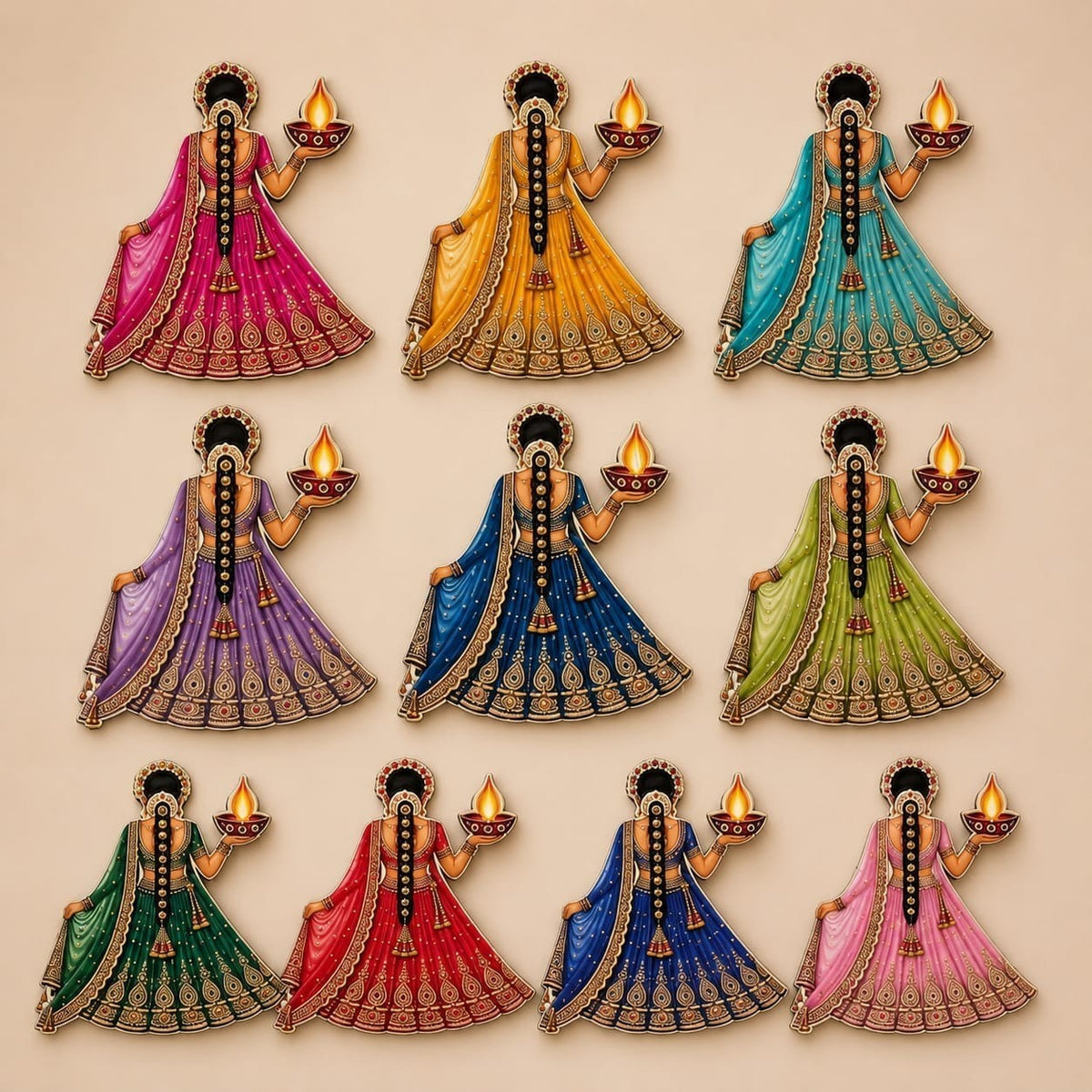 Premium wooden Lady with diya set of 10