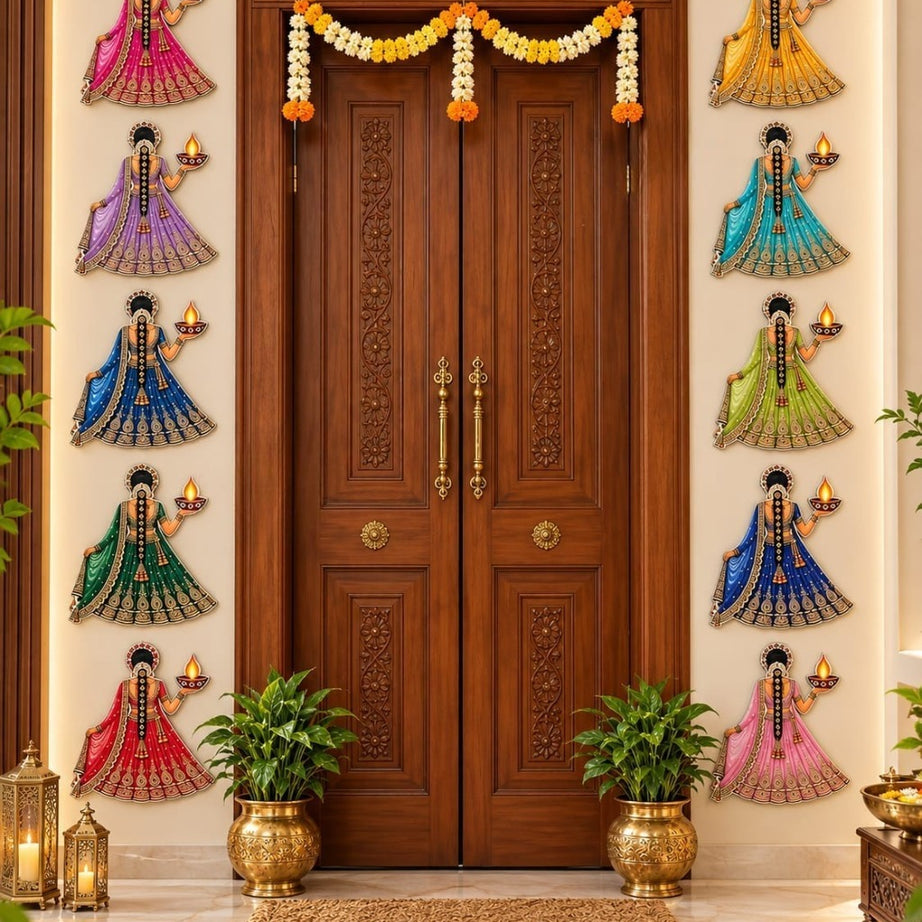 Premium wooden Lady with diya set of 10
