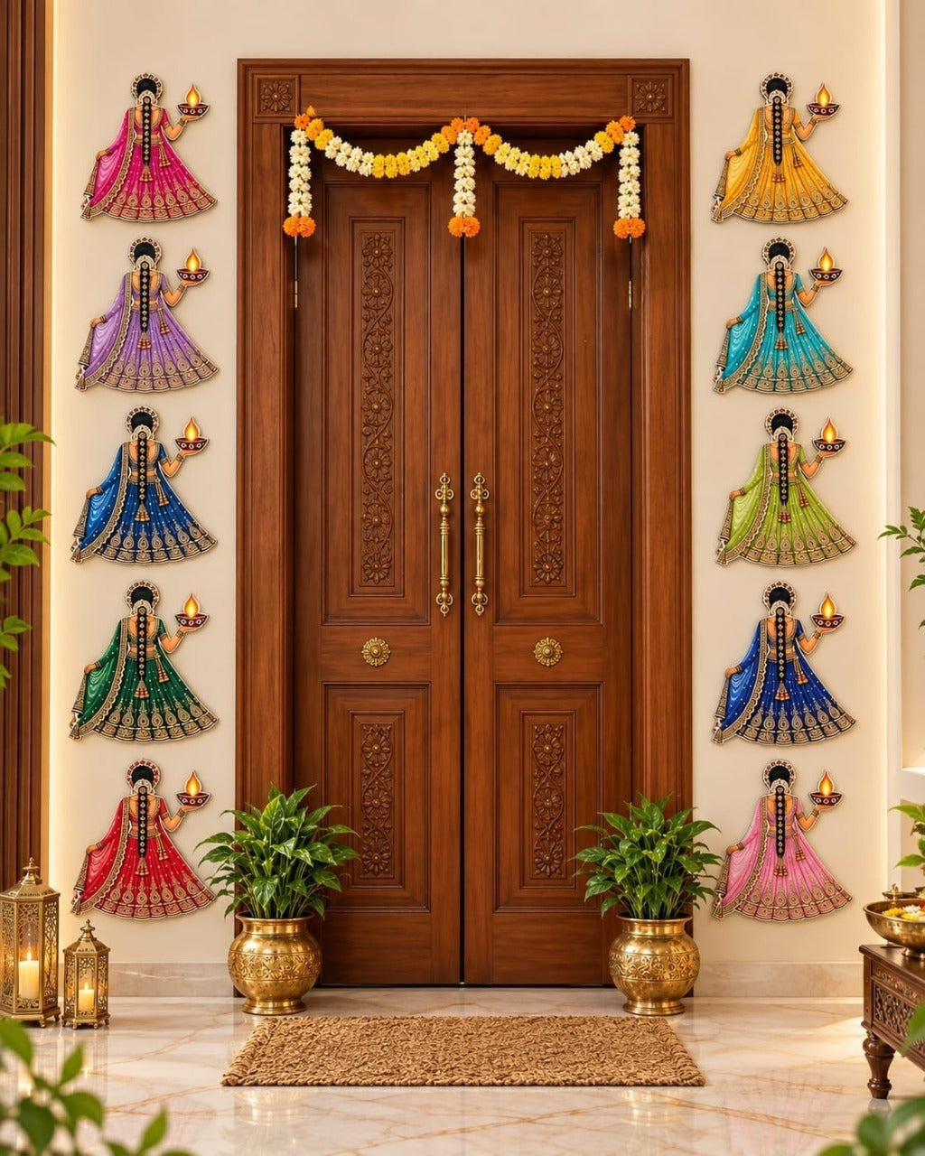 Premium wooden Lady with diya set of 10