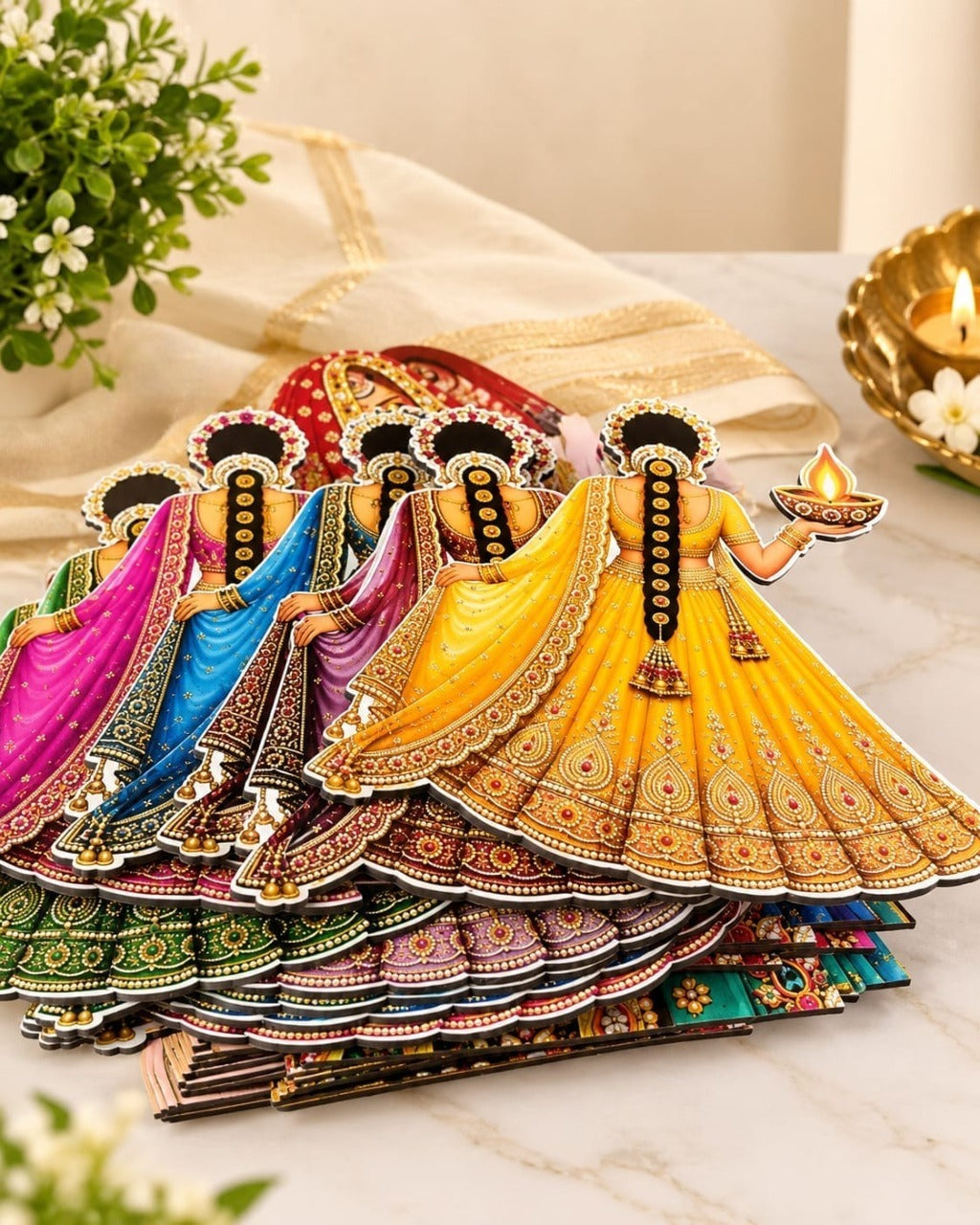 Premium wooden Lady with diya set of 10