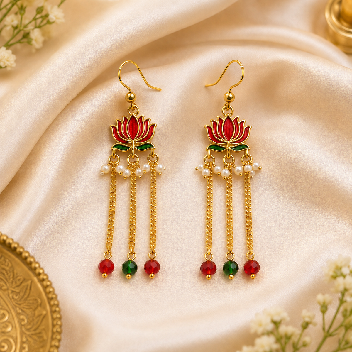 Handmade Lotus Pearl Earings For Bappa