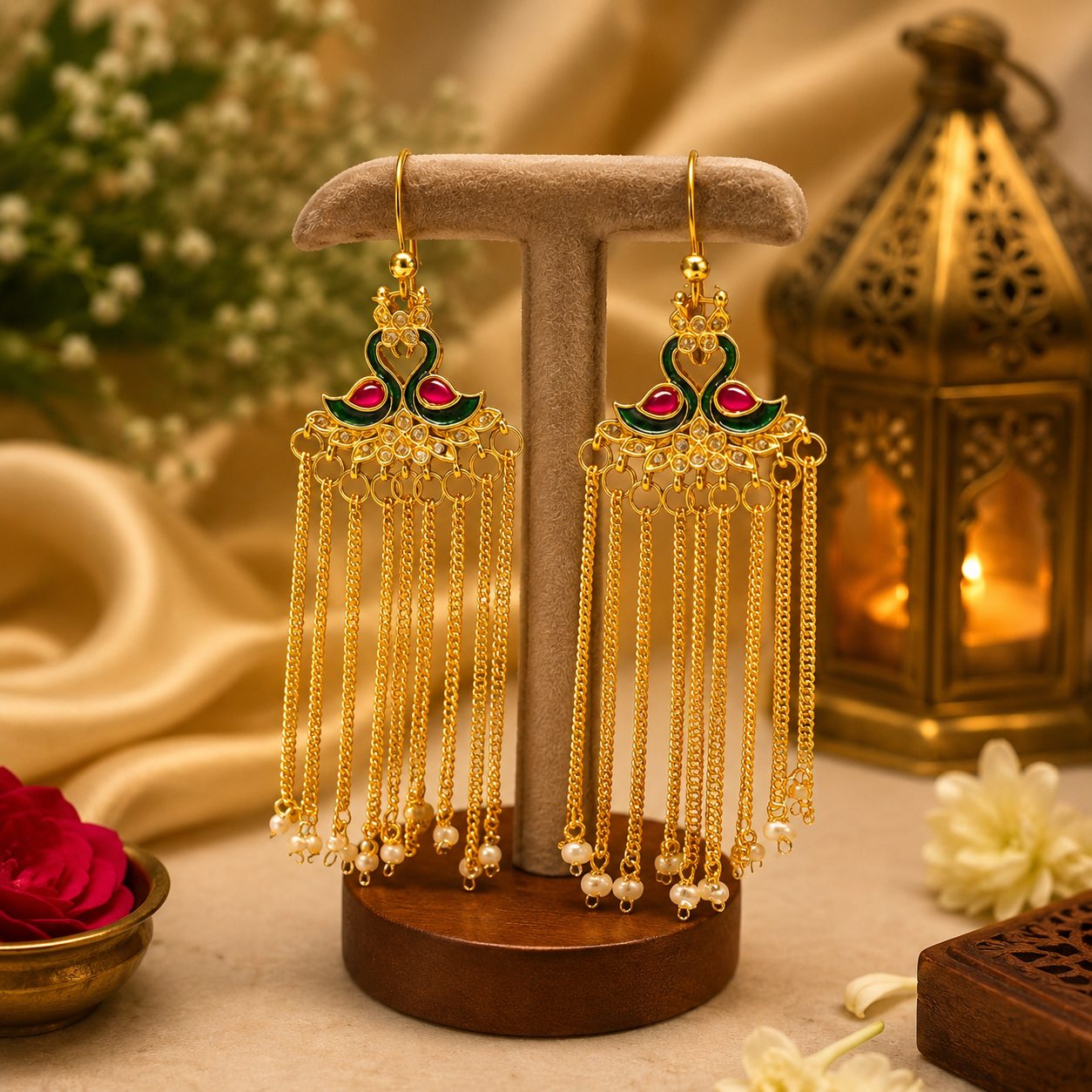 Handmade Peacock Pearl Earrings for Bappa