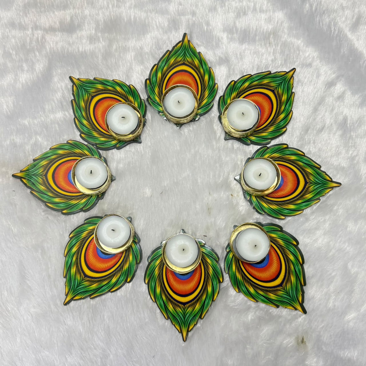 Decorative Peacock Tealight Candle Holder Set – 8 Piece Floor Rangoli Diya Set