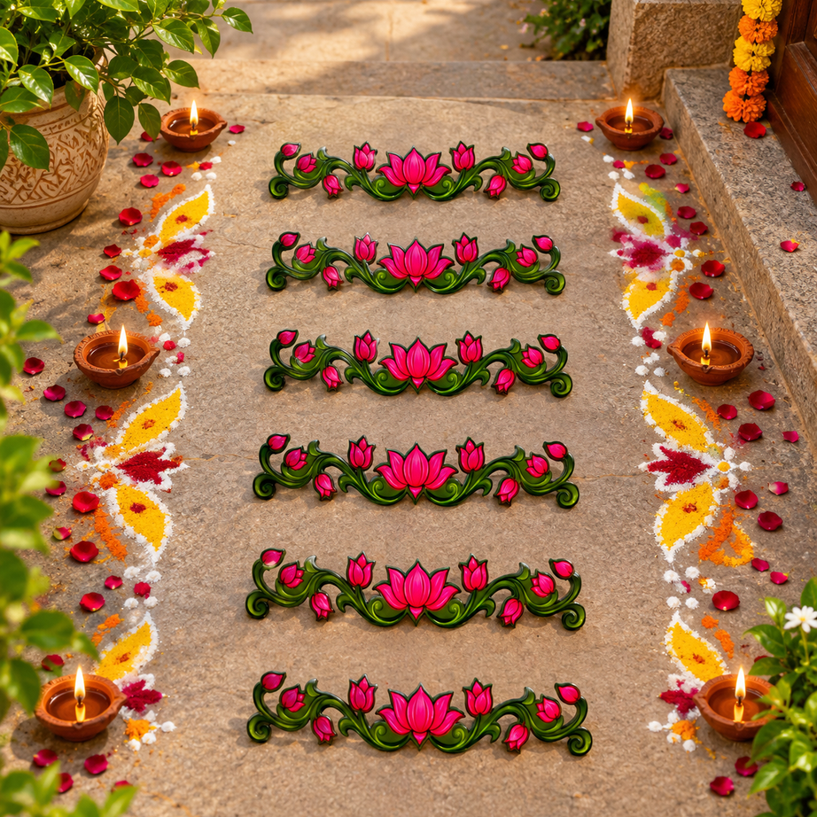 Decorative Pink Lotus Floral Border Set of 6 | MDF