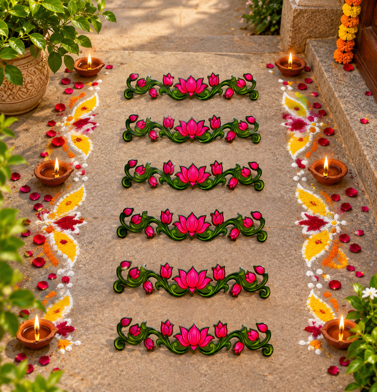 Decorative Pink Lotus Floral Border Set of 6 | MDF
