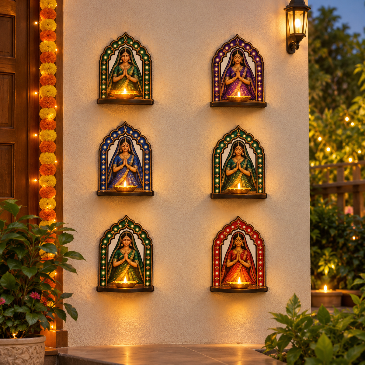 Wooden Jharokha Tealight Holder Set of 6 | Traditional Diya Holder