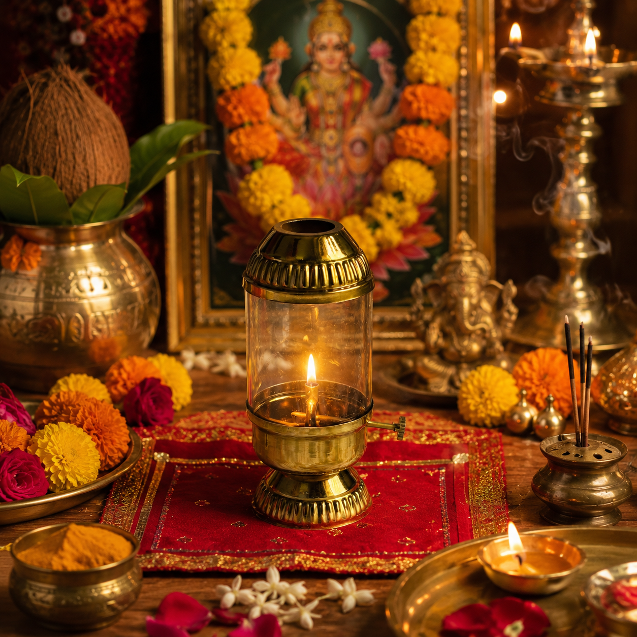 Brass Akhand Diya with Glass Cover – Traditional Oil Lamp for Puja Room, Temple & Spiritual Decor | Long Burning Jyot Diya for Home Mandir