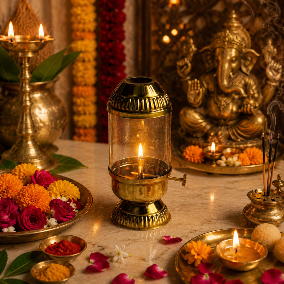 Brass Akhand Diya with Glass Cover – Traditional Oil Lamp for Puja Room, Temple & Spiritual Decor | Long Burning Jyot Diya for Home Mandir