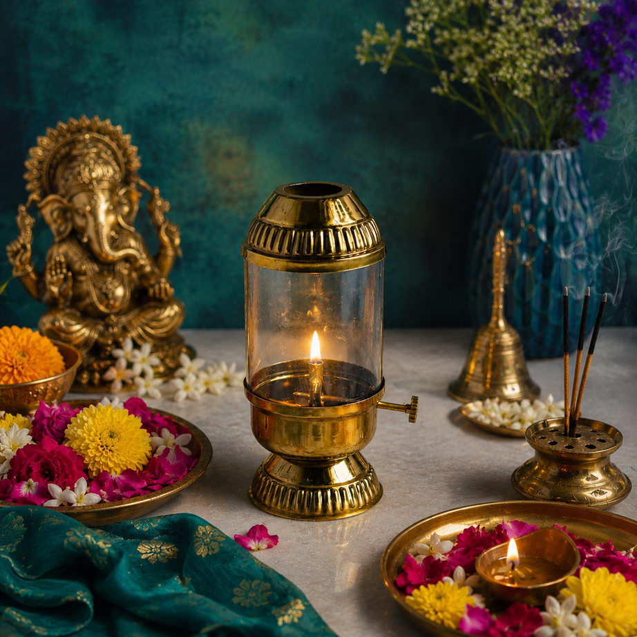 Brass Akhand Diya with Glass Cover – Traditional Oil Lamp for Puja Room, Temple & Spiritual Decor | Long Burning Jyot Diya for Home Mandir