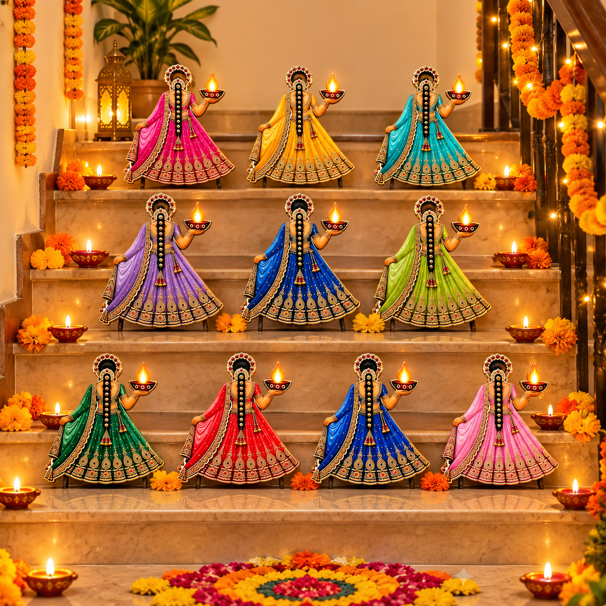 Premium wooden Lady with diya set of 10