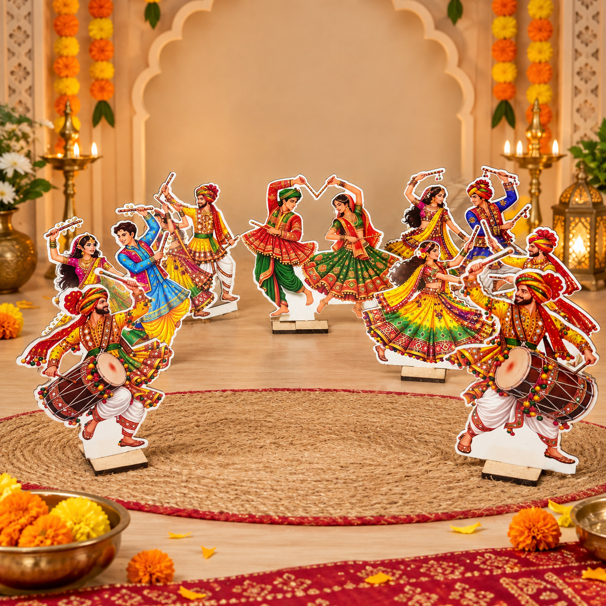 Traditional Dandiya Raas & Garba Dance Wooden Standee Set | Navratri Home Decoration & Festive Decor