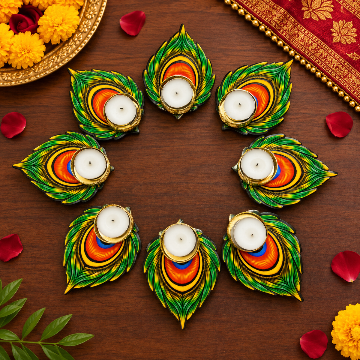 Decorative Peacock Tealight Candle Holder Set – 8 Piece Floor Rangoli Diya Set