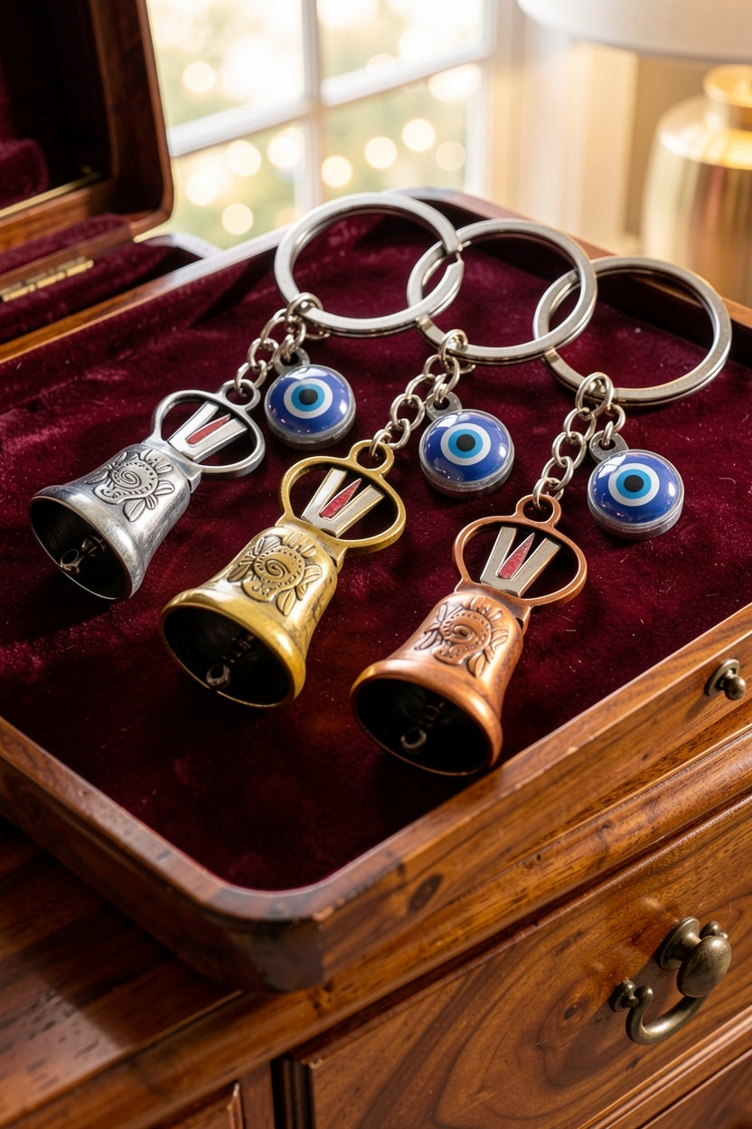 Shree Venkatesh Guardian Bell Keychain – Divine Protection Bike & Car Charm | Lucky Travel Bell for Safety & Blessings (Set of 3)